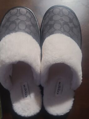 Coach Black Monogram Slip-On Slippers with Cream Shearling